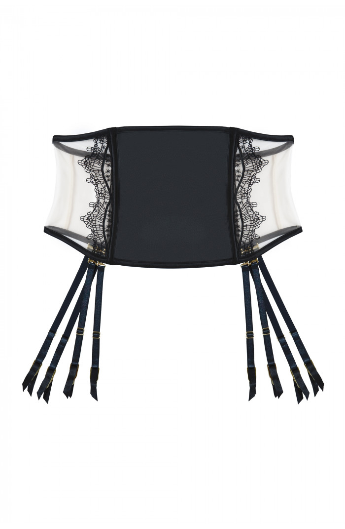 Wren - Suspender Belt - Waspie (Black Illusion Mesh and Satin)