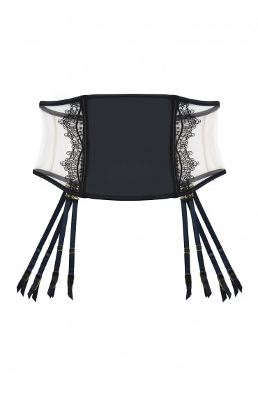 Wren - Suspender Belt - Waspie (Black Illusion Mesh and Satin)