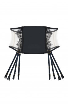Wren - Suspender Belt - Waspie (Black Illusion Mesh and Satin)